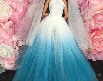 Ombré blue Halter neckHigh neck dolls prom dress. 12inch doll dress wedding dress with veil dolls gown dolls clothes poppy Parker fa dolls