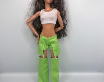 2pc green shorts and white bra top. With trainers Punk rock style dolls outfit