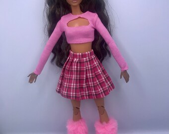 Ensemble rose pour poupée, 4 pièces, haut rose, jupe écossaise rose, jambières et chaussures roses pour poupée