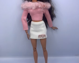 3pc dolls fashion outfit. White skirt pink fluffy off the shoulders top and beautiful pink sling back heel shoes