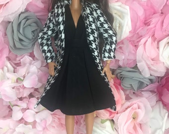 3pc set. Coat deep v dress and shoes calf length trench smart coat high quality dolls jacket dolls outerwear