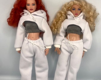 4pc white tracksuit grey crop top and trainers . Dolls loungewear dolls sports wear. High quality outfit