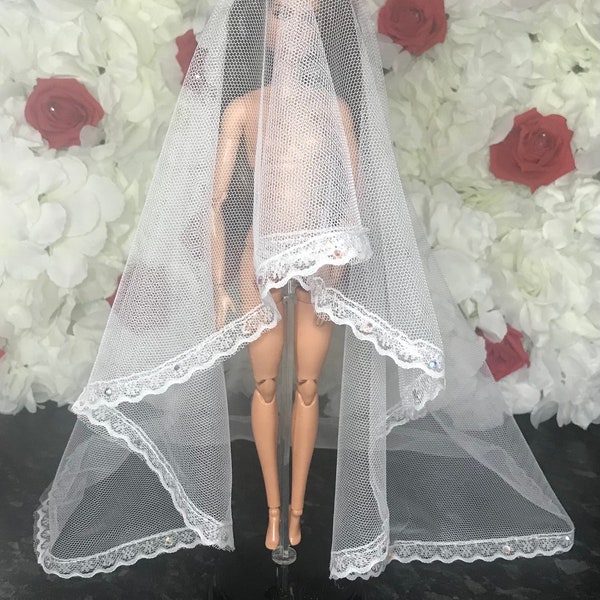 Dolls wedding iridescent sparkly embellishment veil with lace flower trim.  Dolls Wedding