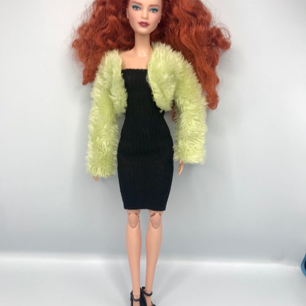 3pc dolls full outfit. Black stretchy fitted dress with a fluffy green crop jacket/coat and shoes