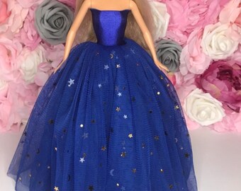 Beautiful Royal blue stars and moons 30cm dolls dress doll Bridal Dolls clothes doll dress ball gown.
