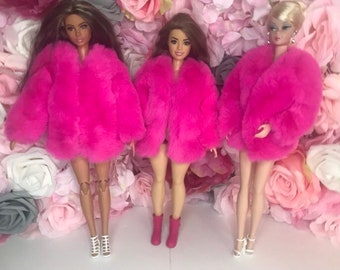 Pink dolls clothes fake fur soft faux fur 12inch dolls  winter coat  jacket. Fits curvy doll poppy Parker fashion royalty