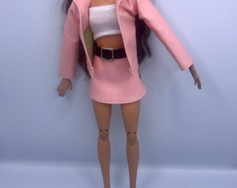 Dolls 4pc set faux leather light pink jacket/coat tube top skirt and boots dolls full outfit.  Fashion dolls clothes with shoes
