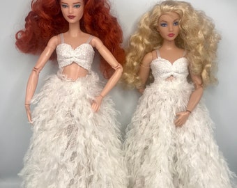 Dolls White 2pc set. Dolls long feather elasticated waist full length skirt.  A full outfit for dolls. Dolls wedding outfit