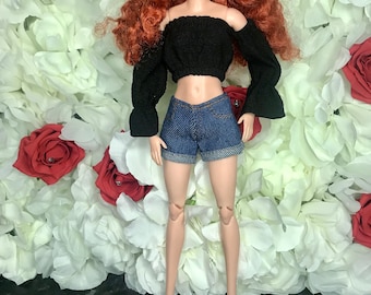 Dolls Black 3pc dolls shorts set. Jean shorts blouse top and shoes. Dolls summer clothes. Dolls full outfit denim shorts for dolls