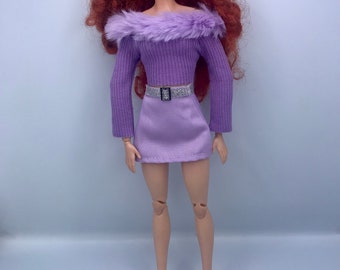 3pc dolls fashion outfit. Purple skirt purple fluffy off the shoulders top and beautiful white sling back heel shoes