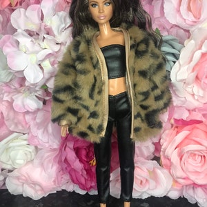 Dolls faux fur leopard print jacket faux leather tube top and faux leather trousers with shoes 4pc set