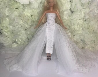Glittery sparkly Dolls wedding dress. White  prom dress ball gown 12inch doll fashion royalty poppy Parker fits curvy doll as well