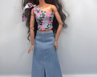 Dolls long jean skirt summer off shoulders top and shoes. Full outfit for dolls