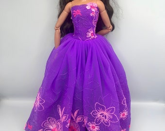 Beautiful purple dolls floral dress. Dolls prom dress dolls ballgown dolls bridal dolls wedding fits curvy doll too