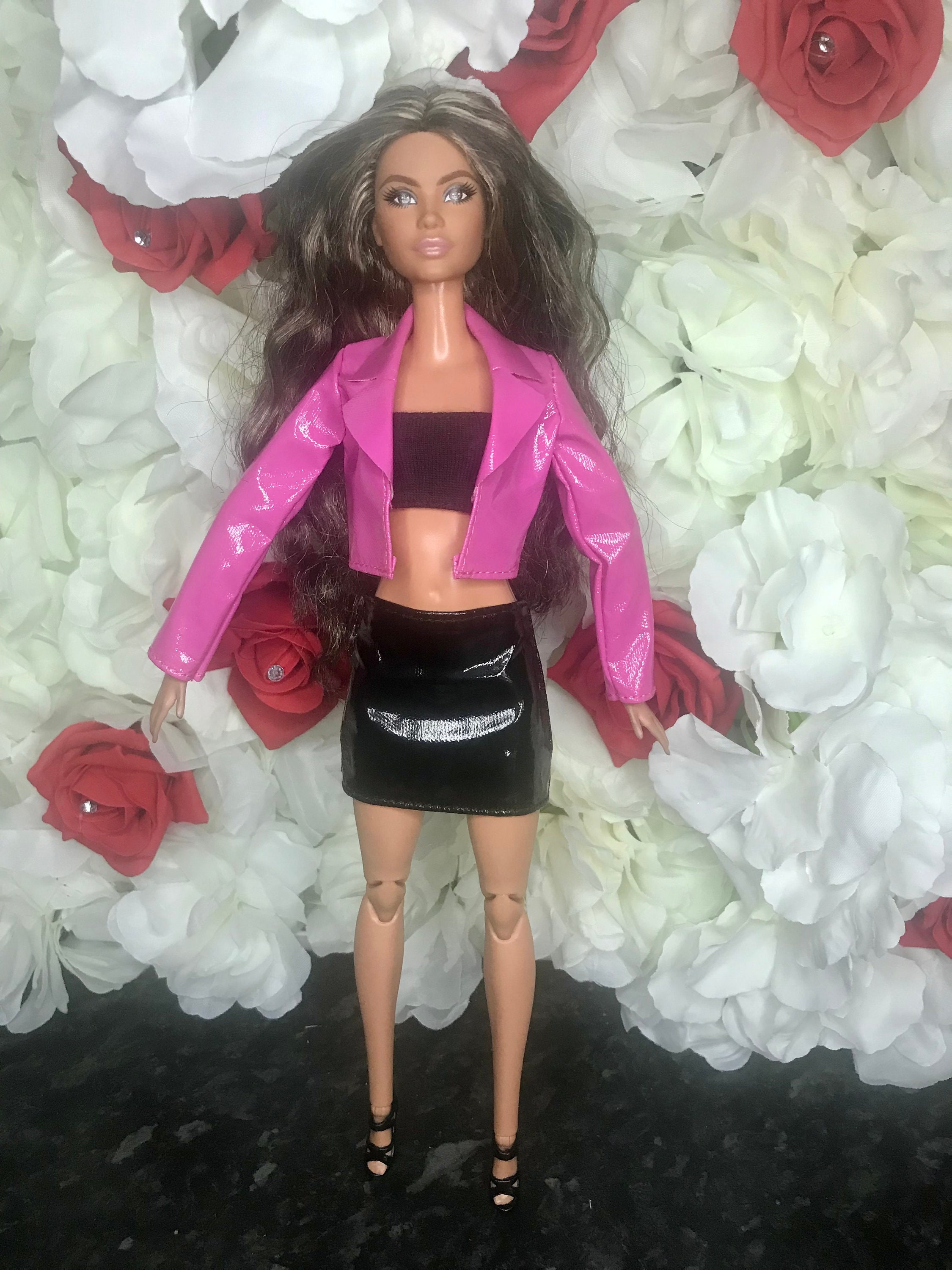Barbie Doll Outfit Tube Top Black Long Sleeved Shrug Jeans Pink