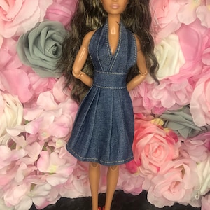 Jean dress deep v halter neck dolls dress. dolls party dress for dolls beach dress