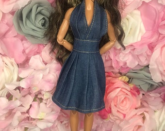 Jean dress deep v halter neck dolls dress. dolls party dress for dolls beach dress