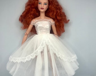 Dolls white elegant cocktail dress wedding dolls dress. Off shoulders lace with shoes