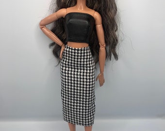 2pc skirt and faux leather tube top for dolls. Black disco dolls outfit