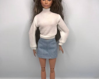 3pc set for dolls. Dolls jeans skirt white jumper with white trainers Full outfit for dolls