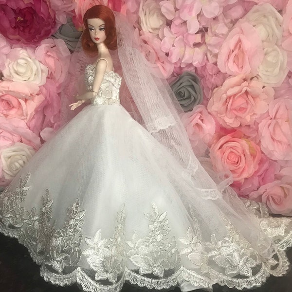 White dress dolls wedding dress and veil wedding gown bridal ballgown prom dress fits doll 12inch doll fashion royalty poppy Parker