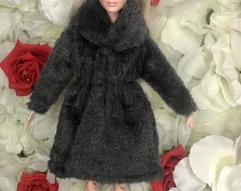 soft faux fur dark grey winter dolls coat  jacket. Fits a 12inch doll poppy Parker fashion royalty this coat is super soft to touch