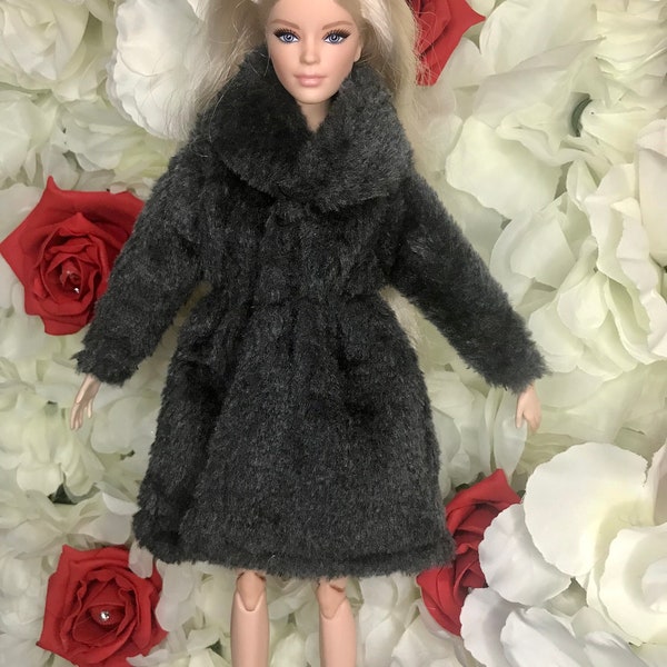 soft faux fur dark grey winter dolls coat  jacket. Fits a 12inch doll poppy Parker fashion royalty this coat is super soft to touch