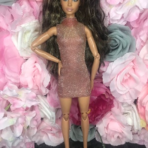 Sparkly Dolls goldish glitter Christmas party dress. Dolls mini dress. Dolls shoes