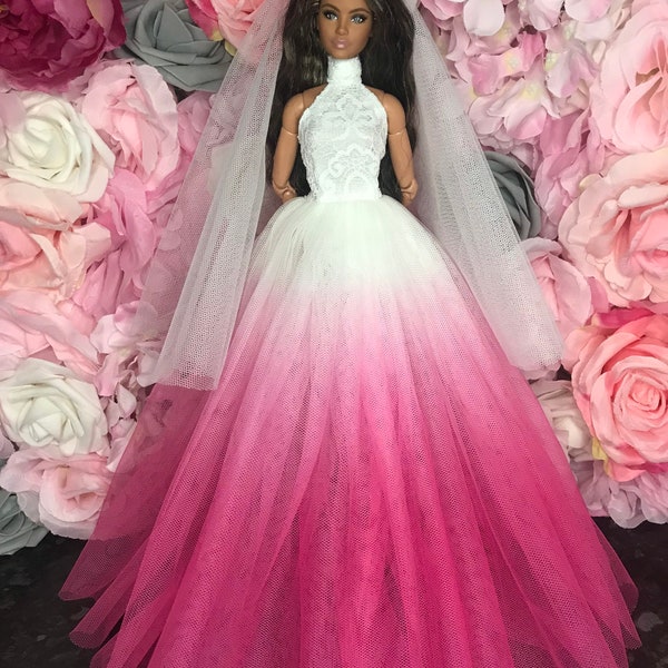 Ombré pink Halter neckHigh neck dolls prom dress. 12inch doll dress wedding dress with veil dolls gown dolls clothes poppy Parker fa dolls