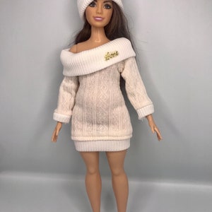 Cream Curvy and any 30cm dolls. 3pc casual dolls clothes. Dolls mini jumper dress dolls trainers and hat. Full outfit