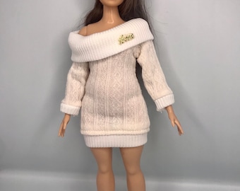 Cream Curvy and any 30cm dolls. 3pc casual dolls clothes. Dolls mini jumper dress dolls trainers and hat. Full outfit