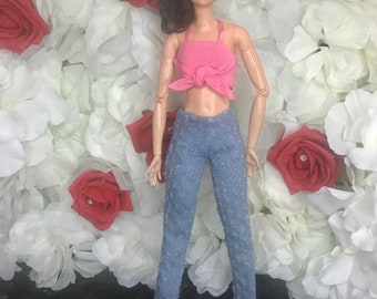 Dolls jeans and pink bowed halter neck crop top with shoes