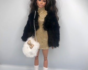 4pc dolls full outfit includes dolls handbag dolls boots dolls sparkly dress and dolls faux fur jacket