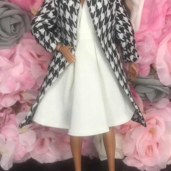3pc set. Coat deep v white dress and shoes calf length trench smart coat high quality dolls jacket dolls outerwear