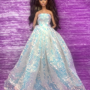 Dolls white sequin full length dress.  Very beautiful eye catching prom dress cocktail dress for dolls