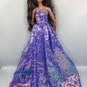 Dolls mermaid purple sequin full length dress.  Very beautiful eye catching prom dress cocktail dress for dolls