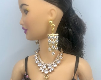 Beautiful and elegant Dolls 2pc jewellery set clear diamanté on gold chain quality dolls jewellery dolls necklace  dolls earrings