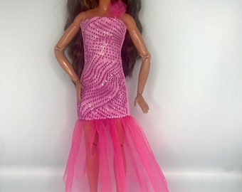 Sparkly Dolls pink glitter Christmas party dress. Dolls shoes fit standard and curvy dolls