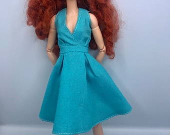 Aqua Stunning deep V monroe style dolls dress Fits a 12inch doll fashion royalty poppy Parker Summer party dress cocktail dress