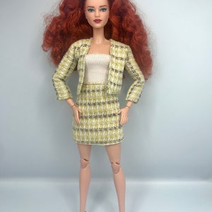 Light green dolls tweed 4pc suit. Dolls skirt doll blazer jacket. Dolls skirt suit set 12inch dolls work wear dolls tube top