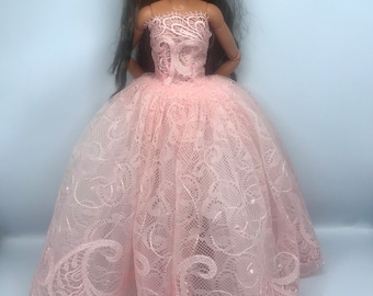 Beautiful pastel pink/ peach dolls floral dress. Dolls prom dress dolls ballgown dolls bridal dolls wedding will fit curvy and standard doll