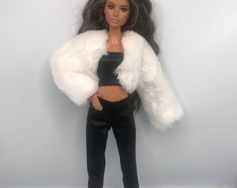 Dolls wet look leggings tube top and faux fur cropped jacket. With shoes. Dolls full outfit