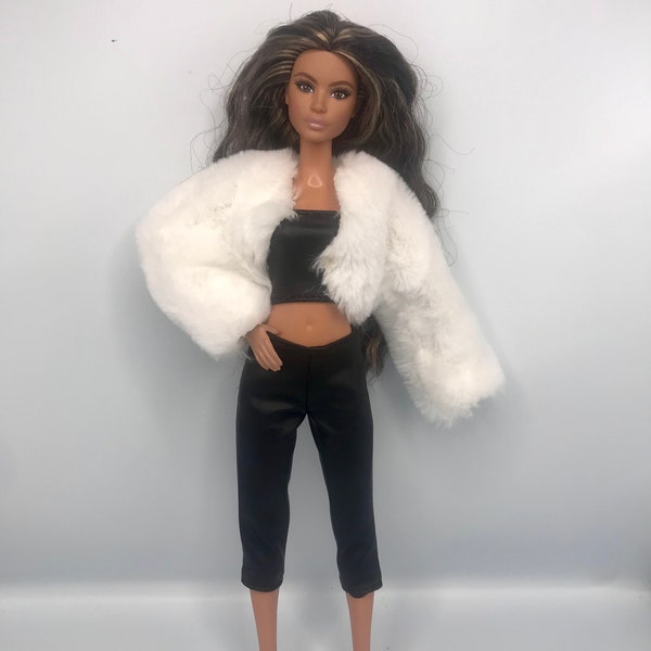 Dolls wet look leggings tube top and faux fur cropped jacket. With shoes. Dolls full outfit