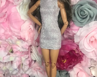 Dolls light pink glitter Christmas party dress. Dolls mini dress. Dolls shoes