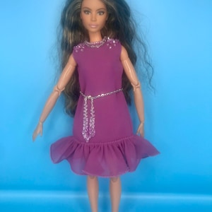 High quality purple elegant cocktail dress with a dress belt With sequins Popper fasten. Dolls bridal wear dolls party gown dolls ballgown