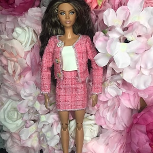 Pink and silver slightly sparkly dolls tweed 4pc suit. Dolls skirt doll blazer jacket dolls tube Dolls skirt suit set 12inch dolls work wear