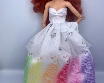 Dolls white butterfly and rainbow flower dress. Off the shoulders summer dress. Dolls princess dress