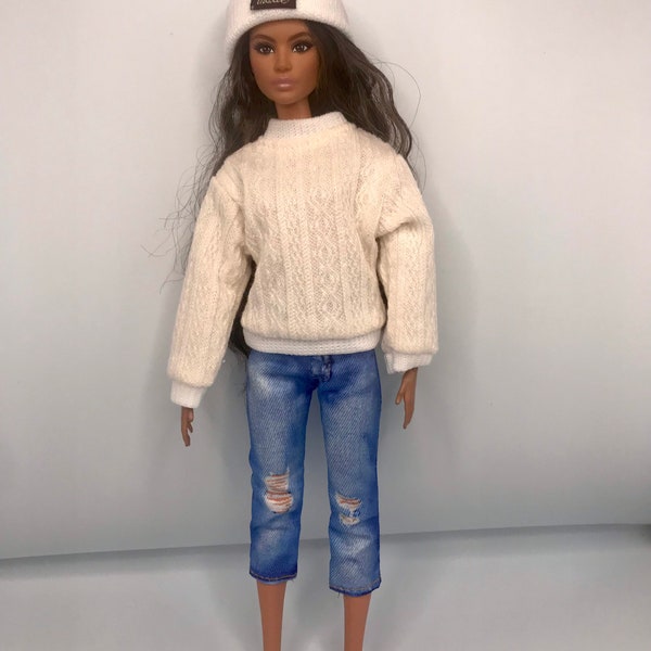 4pc casual dolls clothes. Dolls jumper dolls trainers dolls jeggings and hat. Full outfit