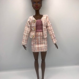 Peach slightly sparkly dolls tweed 4pc suit. Dolls skirt doll blazer jacket dolls tube Dolls skirt suit set 12inch dolls work wear