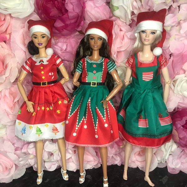 9pc set 3 Doll Christmas outfit dolls Christmas dress , 3 hat and 3 dolls shoes